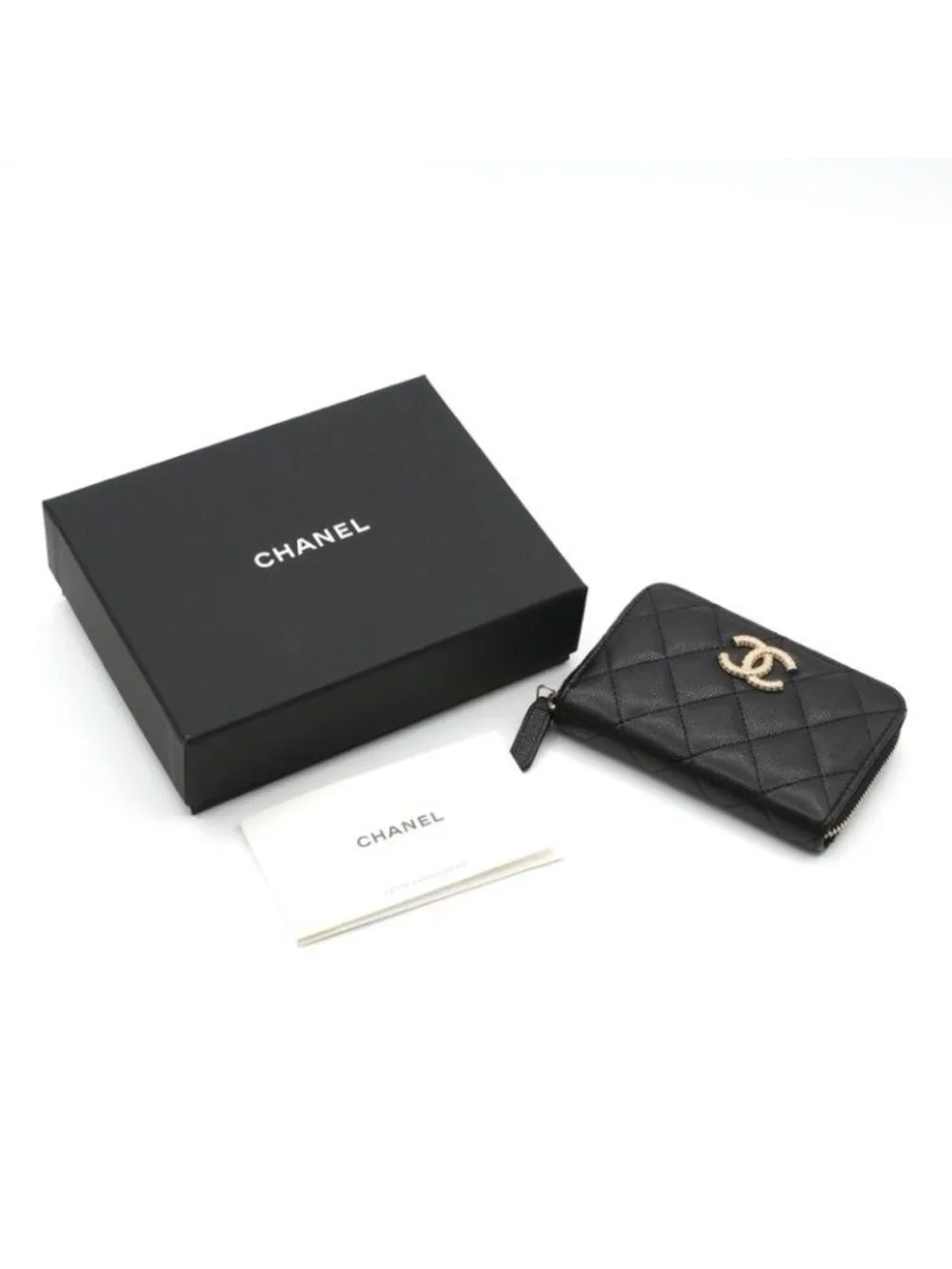 Chanel Wallet Coin Purse Black Gold Fragment Case CC Logo Quilted